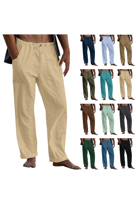 Men Summer Drawstring Linen Pants Casual Elastic Waist Beach Pants Solid Wide Leg Trousers with Pockets Outdoor Loose Work Pants Mint Green S