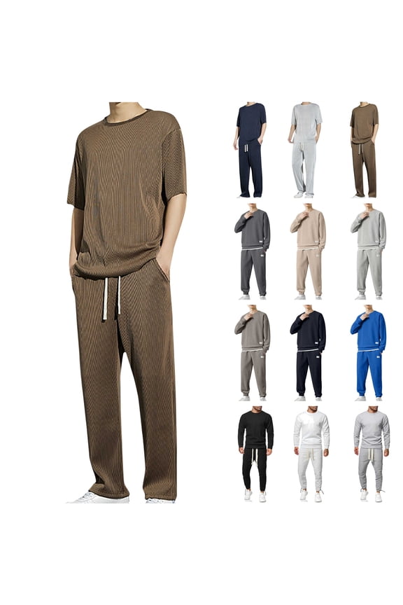 Men's Big and Tall 2 Piece Matching Sets Loose Short Sleeve Tees Tops and Wide Leg Pants with Pockets Casual Outfits, Coffee, XXXXL