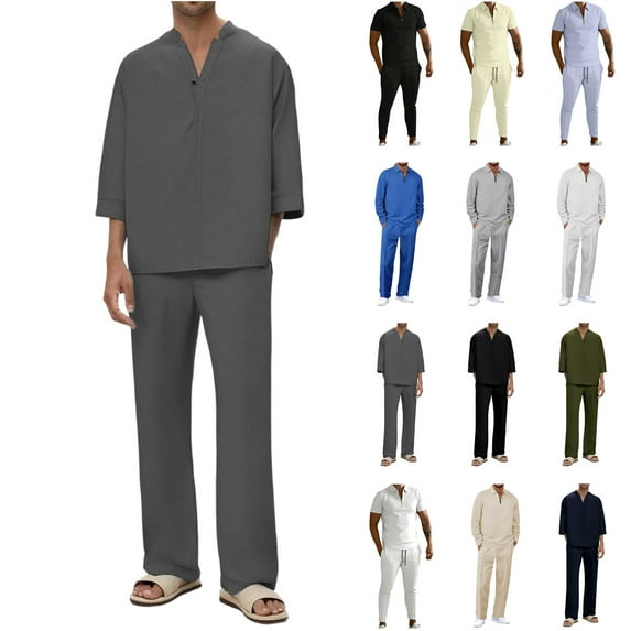 QATAINLAV Men's 3/4 Sleeve 2 Piece Vacation Outfits Casual V Neck Henley Shirts and Wide Leg Pants Matching Sets Vacation Clothes, Army Green, S