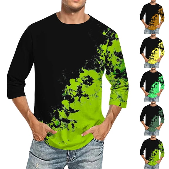 QATAINLAV Men's 3/4 Sleeve Shirts Fashion Tie Dye Prints Pullover Tops Loose Fit Casual Crew Neck Blouse 2024 Fall Outfits Army Green L