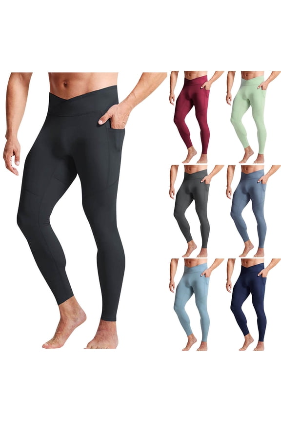 Men's Athletic Yoga Leggings with Pockets Solid Casual V Crossover Waist Joggers Cycling Running Workout Tights Pants, Light Blue, L