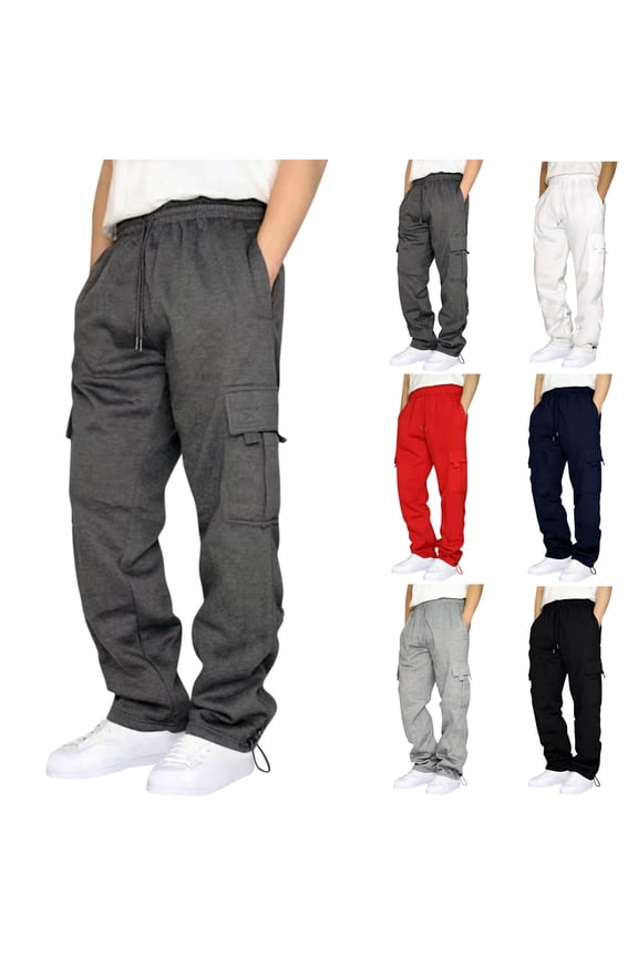 Men's Casual Cargo Pants with Multi Pockets Drawstring Elastic Waist Athletic Joggers Sweatpants Solid Color Straight Leg Hiking Pants Birthday Gifts White XL