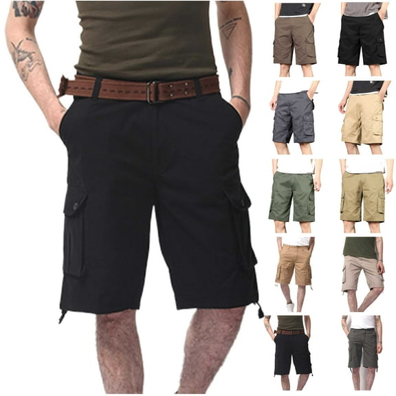 QATAINLAV Men's Casual Cargo Shorts Loose Relaxed Fit Solid Color Work Shorts Outdoor Wide Leg Hiking Short Pants with Multi Pockets Army Green M Weekly Sales