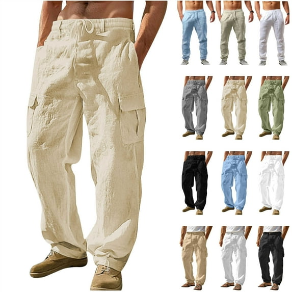 QATAINLAV Men's Casual Drawstring Waist Straight Leg Trousers Summer Lightweight Linen Beach Pants with Pockets Vacation Outfits Black XXL Ropa de Verano Para Mujer