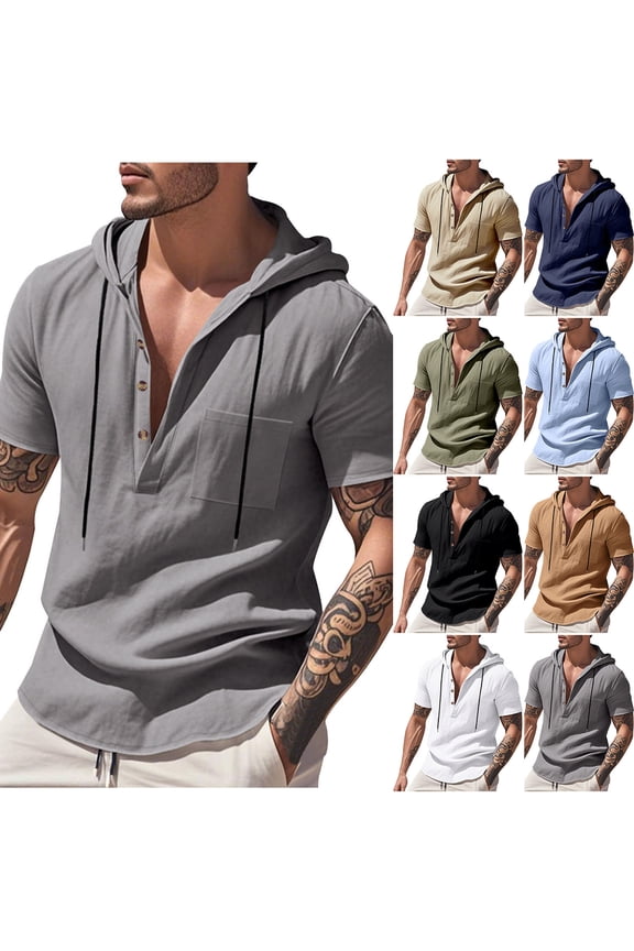 Men's Casual Linen Shirt Short Sleeve Hooded Pullover 1/4 Button Henley Shirt for Vacation and Daily Wear, Gray, S
