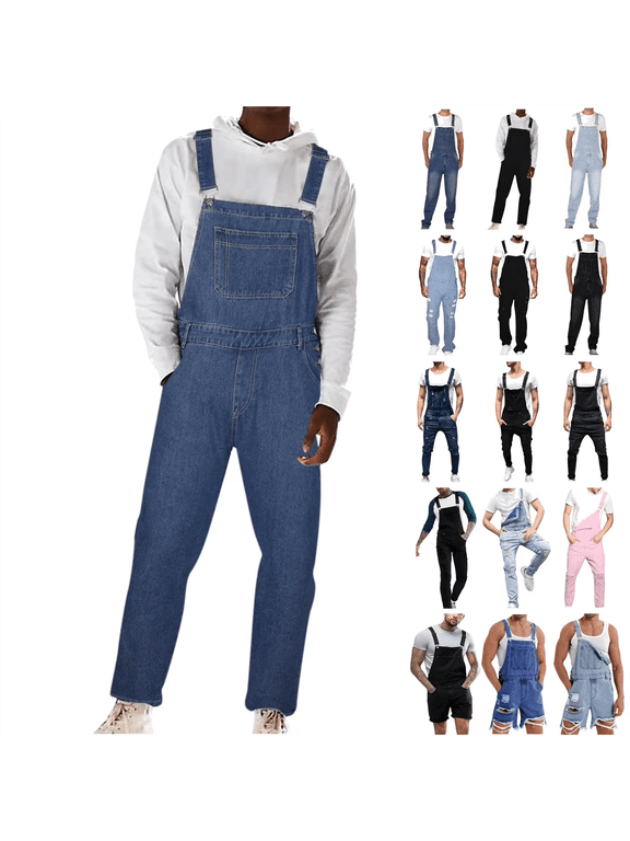 Men's Denim Bib Overall Jean One Piece Trousers Adjustable Strap Workwear Slim Fit Jumpsuit Light Blue L