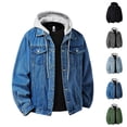 thumbnail image 1 of QATAINLAV Men's Denim Jacket with Removable Hood Casual Button Down Jean Trucker Jackets Streetwear, Dark Blue, XL, 1 of 7