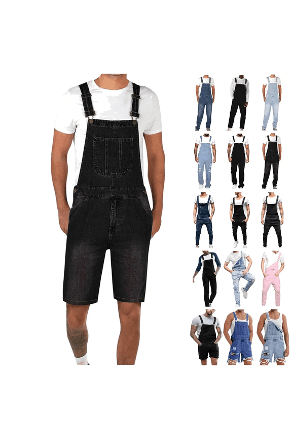 Men's Denim Overalls Jean Shorts Bib Coveralls Casual Loose Fit Work Summer Jumpersuit Blue XXL