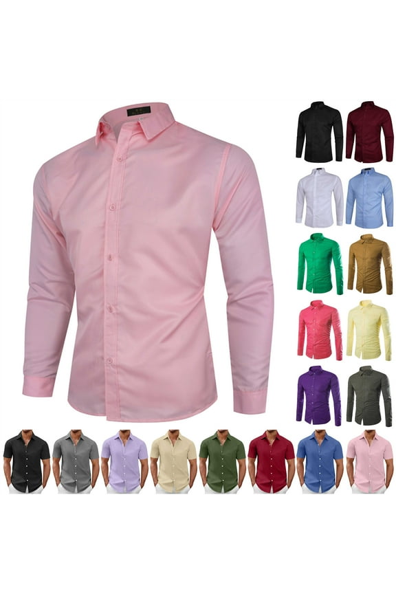 Men's Dress Shirts Stretch Wrinkle Free Formal Shirt Business Casual Button Down Blouse Solid Long Sleeve Lapel Wedding Tops Pink L Ofertas Relampago de Hoy