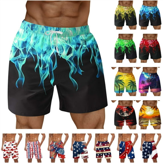 QATAINLAV Men's Flame Print Beach Shorts Elastic Waist Casual Drawstring Summer Shorts Big and Tall Hawaiian Vacation Clothes with Pockets Yellow XL
