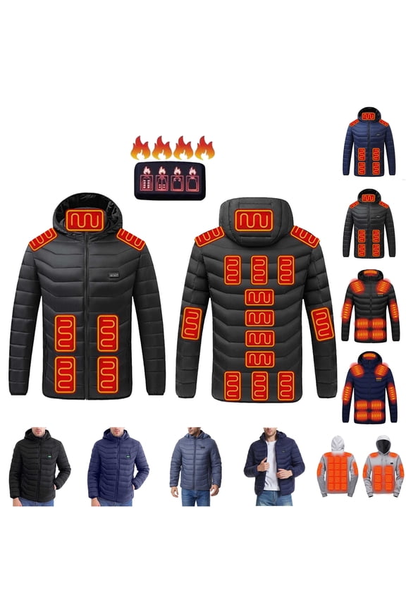 Men's Heated Jacket with 19 Heating Zones,4 Heating Levels Hooded Puffer Jacket Solid Color Heated Coat Warm Winter Clothes,Black,XL