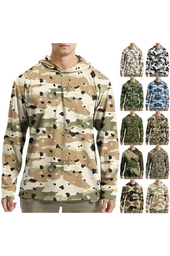 Men's Hooded Camo Shirts Quick Dry Long Sleeve Hoodies 2025 Summer Lightweight Pullover Tops for Fishing Hiking Camping Camouflage XL