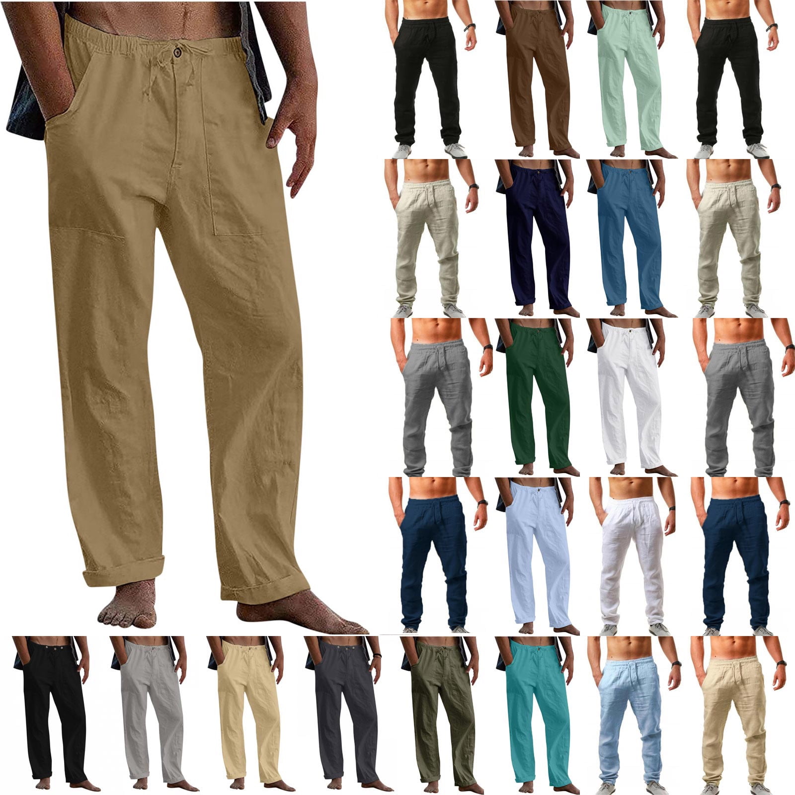 QATAINLAV Men's Linen Pants Casual Drawstring Beach Pants Loose ...