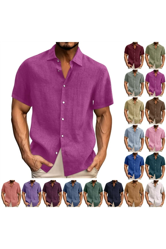 Men's Linen Shirts Short Sleeve Casual Shirts Button Down Shirt for Summer Wedding Shirt Beach Tops Brown XXL Back to College Sales
