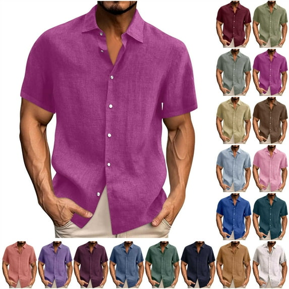 QATAINLAV Men's Linen Shirts Short Sleeve Casual Shirts Button Down Shirt for Summer Wedding Shirt Beach Tops Hot Pink XXL Ofertas Relampago de Hoy