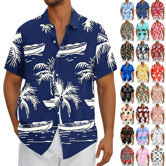 QATAINLAV Men's Linen Short Sleeve Shirts Summer Fashion Tropical Print Hawaiian Beach Tops Casual Lapel Button Down Blouse Red M Sales for Today