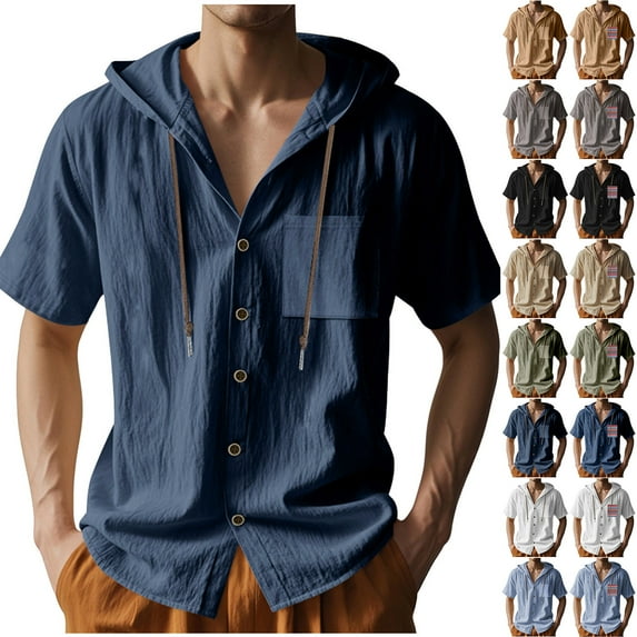 QATAINLAV Men's Linen Short Sleeve Tops Gym Hooded Button Down Shirts Summer Workout Breathable Tshirts with Pockets Black XL Ofertas Del Dia de Hoy Relampago