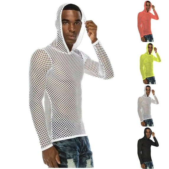 QATAINLAV Men's Mesh Long Sleeve Muscle Workout Hoodie Sheer See Through Base Layer Shirt Outdoor Nightclub Outfits, White, S