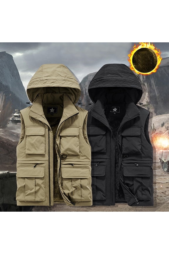 Men's Outdoor Hiking Hooded Vest Fishing Travel Golf Cargo Jackets with Multi Pockets Warm Fleece Lined Work Waistcoat, Khaki, XXL