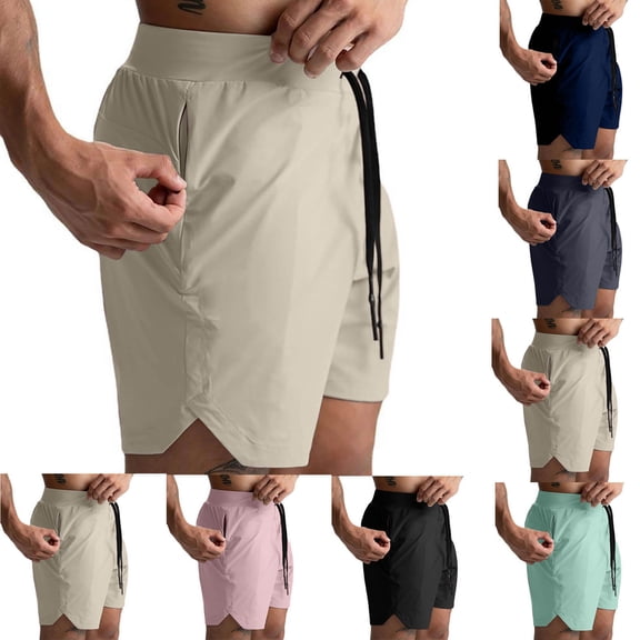 QATAINLAV Men's Running Workout Shorts Lightweight Casual Drawstring Athletic Shorts Solid Training Gym Shorts with Zipper Pockets Navy S