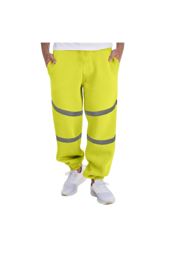Men's Safety Pants Reflective Tape High Visibility Outdoor Lightweight Work Hiking Trousers Elastic Waist Drawstring Jogger Sweatpants with Pockets Sales of Today Green XL