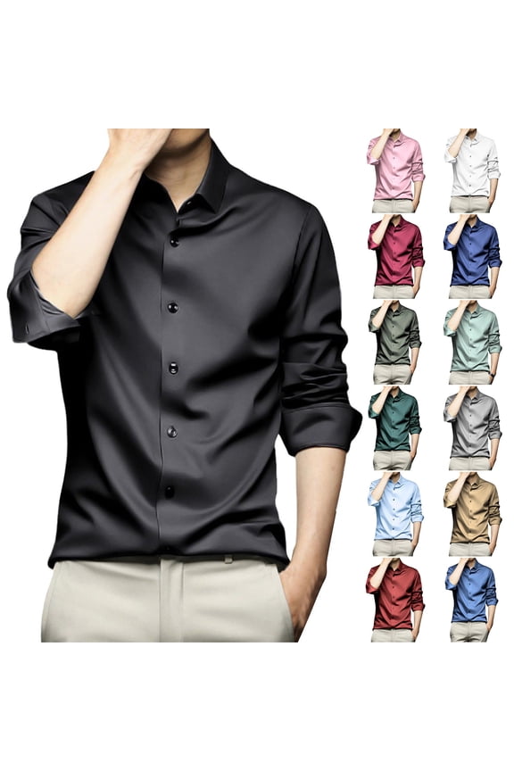 Men's Satin Dress Shirts Elegant Wedding Party Formal Shirts Button Down Long Sleeve Work Tops Solid Business Casual Big and Tall Shirts Warehouse Sales Today Dark Gray 6XL