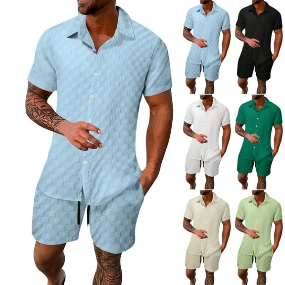 QATAINLAV Men's Short Sleeve Button Down Hawaiian Shirts and Drawstring Sweat Shorts 2 Piece Outfits Summer Solid Casual Workout Sets White M Birthday Gifts