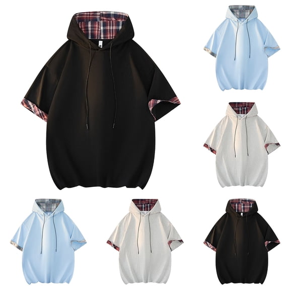 QATAINLAV Men's Short Sleeve Hoodie Workout Gym Muscle Shirt Casual Athletic Hooded Pullover Fashion Plaid Patchwork T-Shirts, Light Blue, XXXL