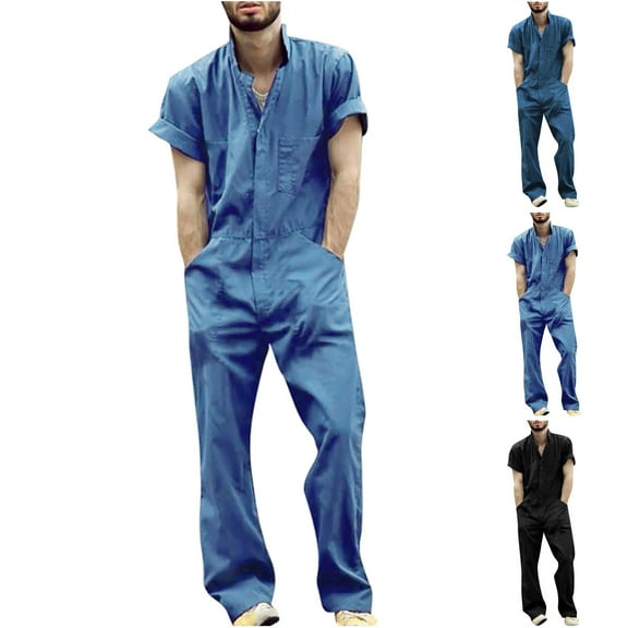 QATAINLAV Men's Short Sleeve Work Coverall Lightweight Zip Up Lapel Onesie Jumpsuits Work Wear Casual Loose Fit Long Rompers with Pockets Blue L Lightning Prime Today
