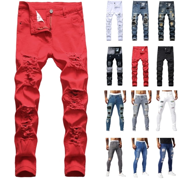 QATAINLAV Men's Slim Fit Casual Jeans Distressed Tapered Leg Denim Trousers Solid Color Ripped Pants with Pockets, Gray, M