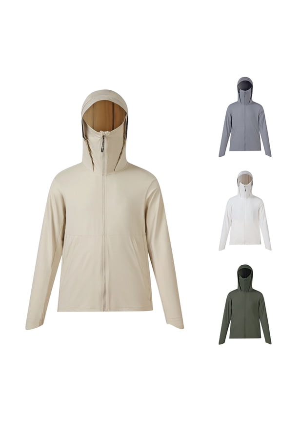 Men's Summer Long Sleeve Sun Protection Jacket Full Zip Quick Dry Hiking Hoodies Outdoor Running Workout Tops with Pockets, White, XL