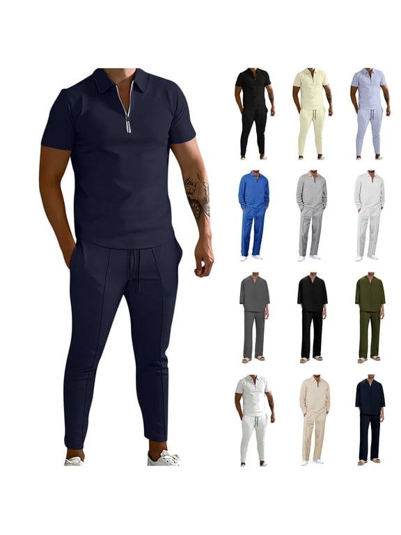 Mens Dressy Polos Shirt Suits Slim Fit Business Casual 2 Piece Outfits Half Zip up Short Sleeve Golf T-Shirts and Pants Matching Sets, Beige, XL