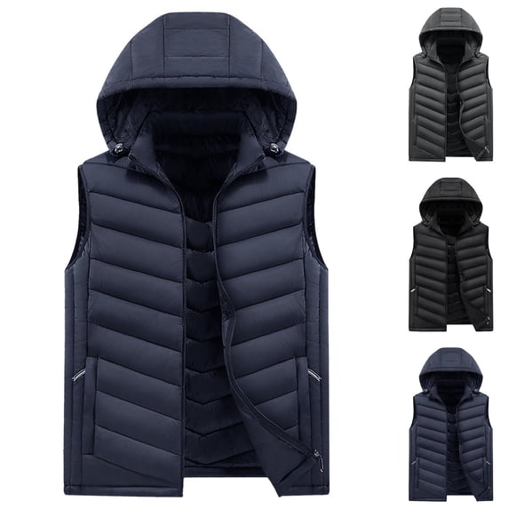 QATAINLAV Men's Winter Sleeveless Vest Casual Removable Hat Puffer Jackets Outdoor Quilted Down Coat with Pockets, Black, L