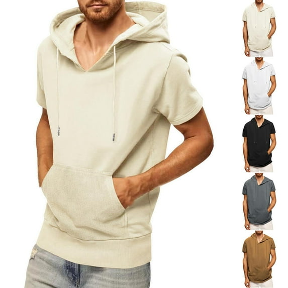 QATAINLAV Men's Workout Hooded Tops Gym Muscle Cut Off Short Sleeve Hoodies Sweatshirt Solid Color Pullover Sports Tops with Pockets, Gray, XXXL
