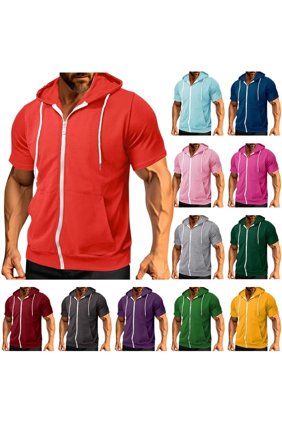 Men's Zip Up Hoodies Jacket Summer Short Sleeve Hooded Sweatshirts Solid Color Casual Workout Tops with Pockets, Black, XL