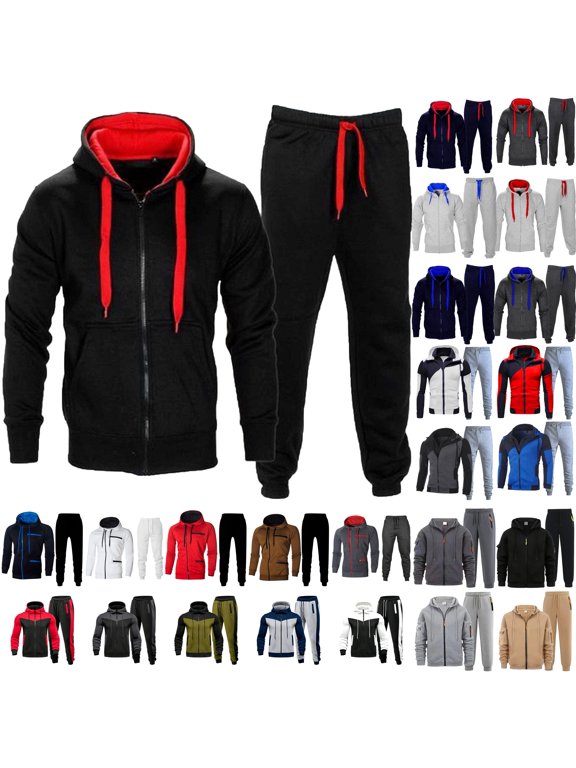 QATAINLAV Men's Zip up Tracksuit Casual Hooded Sweatshirts and Jogger Suits Stretchy Drawstring Big and Tall 2 Piece Outfits with Pockets Black,L
