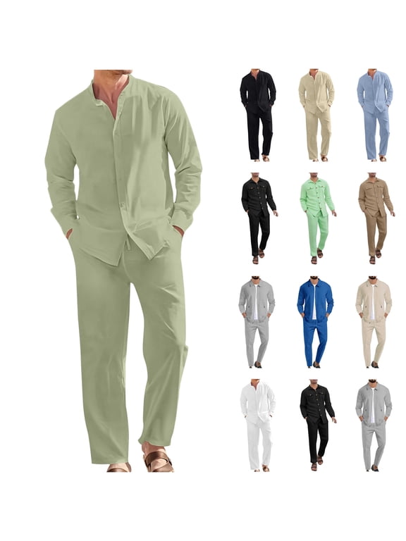 Men's Linen Tracksuit 2 Piece Outfits Casual Long Sleeve Button Down Shirts and Loose Lounge Pants Matching Sets, Black, XXXL