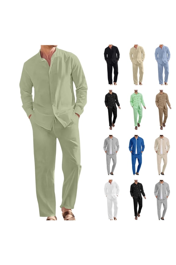 Men's Linen Tracksuit 2 Piece Outfits Casual Long Sleeve Button Down Shirts and Loose Lounge Pants Matching Sets, Light Blue, XXXL