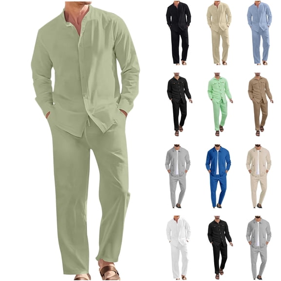 QATAINLAV Men's Linen Tracksuit 2 Piece Outfits Casual Long Sleeve Button Down Shirts and Loose Lounge Pants Matching Sets, White, XXXL