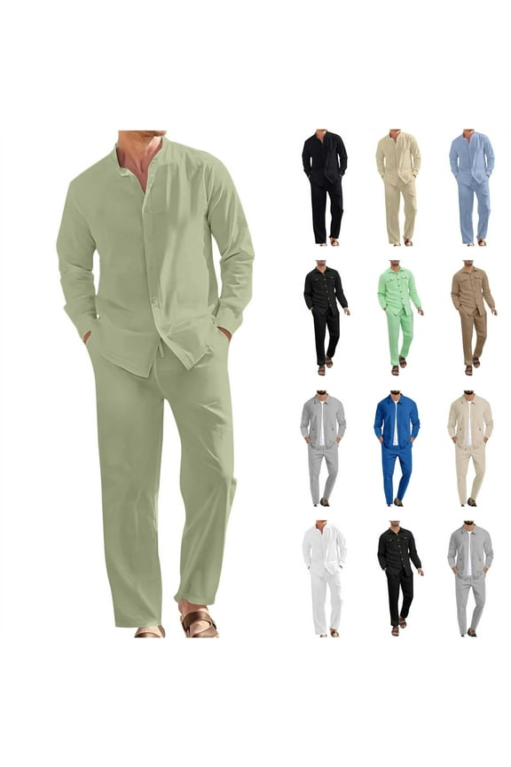 Men's Linen Tracksuit 2 Piece Outfits Casual Long Sleeve Button Down Shirts and Loose Lounge Pants Matching Sets, White, XXXL