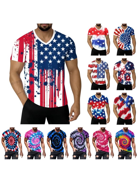 Mens 4Th of July Shirt Short Sleeve Big and Tall Shirts USA Star Flag Print V Neck Tshirts Summer Casual Tops Hot Pink XXXL