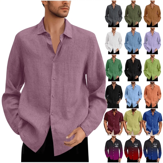 QATAINLAV Mens Big and Tall Cotton Linen Shirts Casual Button Down Lapel Dress Shirts Solid Color Long Sleeve Work Tops 2024 Fall Blouses Prime Sales Army Green 5XL