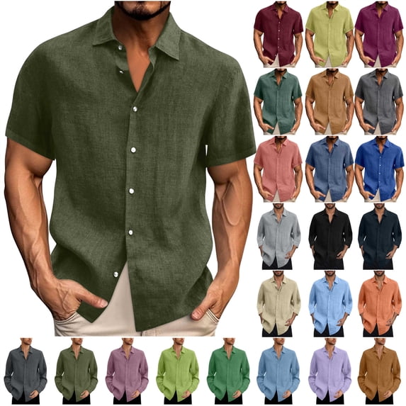 QATAINLAV Mens Big and Tall Linen Shirts Casual Short Sleeve Button Down Hawaiian Shirts 2025 Summer Solid Color Beach Vacation Tops Gray XXXL Back to College Sales