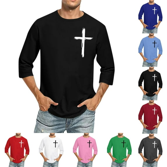 QATAINLAV Mens Big and Tall Shirts Loose Fit 3/4 Sleeve Tshirts Fashion Cross Print Pullover Tops Casual Round Neck Blouse Wine 5XL