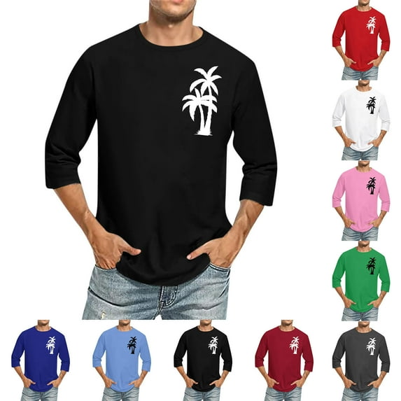 QATAINLAV Mens Big and Tall Shirts Loose Fit 3/4 Sleeve Tshirts Fashion Palm Trees Printed Pullover Tops Casual Round Neck Blouse Green 4XL