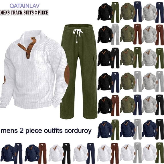 QATAINLAV Mens Big and Tall 2 Piece Outfits Corduroy Button Front Woven Sweatshirts and Waist Drawstring Straight Leg Pants Set Army Green,L
