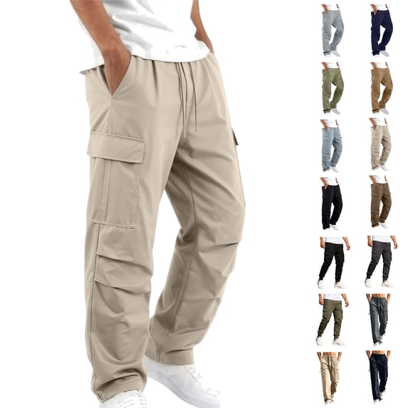 QATAINLAV Mens Camping Travel Pants Drawstring Elastic Waisted Straight Leg Trousers Lightweight Hiking Outdoor Pant with Multi Pockets Beige M