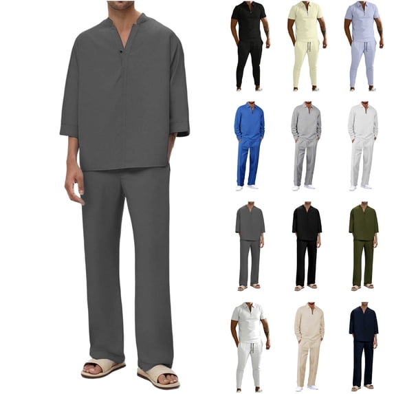 QATAINLAV Mens Casual 3/4 Sleeve Henley Shirts and Loose Straight Pants 2 Piece Matching Sets Fall Winter Clothes Black M
