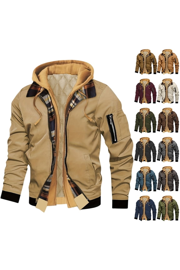 Mens Casual Hoodie Jackets Full Zipper Long Sleeve Warm Outwear Coat Quilted Lined Cargo Jacket, Beige, S