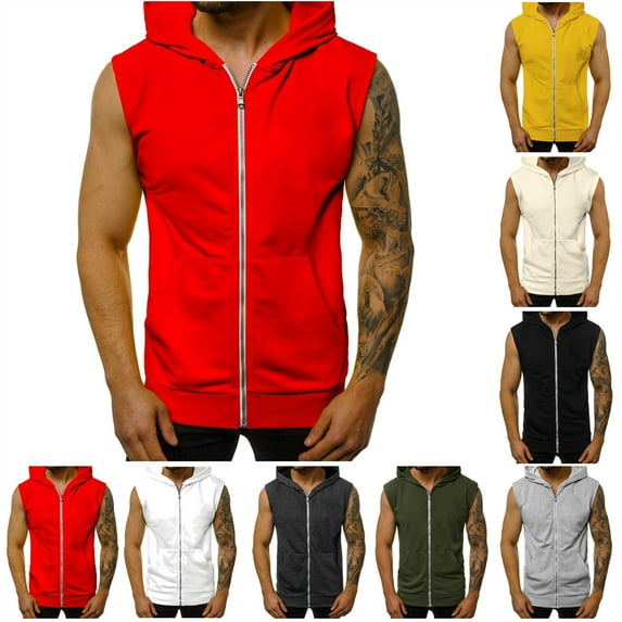 QATAINLAV Mens Casual Slim Fit Zip-up Sleeveless Hoodie Lightweight Workout Tank Tops Solid Color Gym Hooded Vest with Pockets, Yellow, XXL